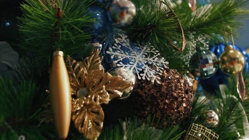 Christmas Tree with Sparkling Ornaments Close Up