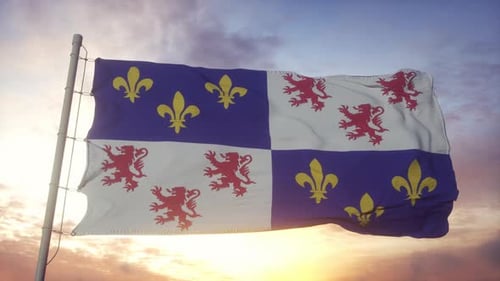 Waving Heraldic Flag with Fleur-de-lis and Lions Against Sunset