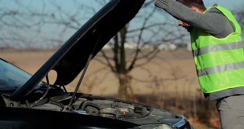 Desperate Young Man Looking for a Solution to a Broken Car