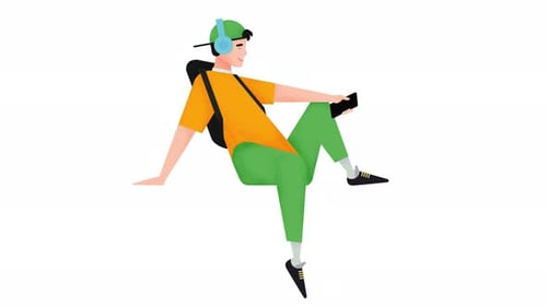 Flat Design Animated Person with Headphones and Phone