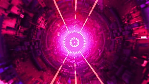Futuristic Tunnel with Pulsating Cybernetic Core and Glowing Neon Lights