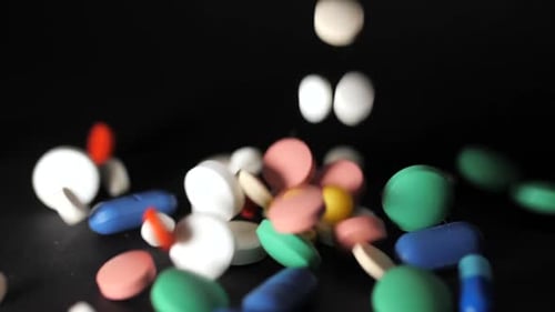 Pharmazie-Thema. Mehrfarbige isolierte Pillen und Kapseln auf dem schwarzen Tisch. Vitamine fallen auf