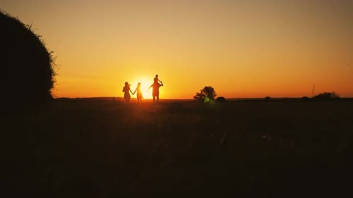 Family Silhouetted Walking Toward Sunset in Field