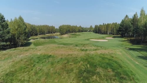 Summer Sunny Day Aerial View of Golf Course in Forest Area Golf Club View of the Field of Green Lawn