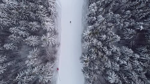 Aerial view of ski resort with people skiing down the hill and up lift.