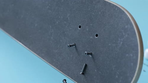 Skateboard assembly process. Elements of the board combining in order. Render 4k