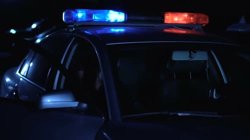 Police Officer Aiming Gun at Night