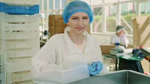 Süßwarenfabrik. Fabrikarbeiter überprüft Verpackungsmaschine.