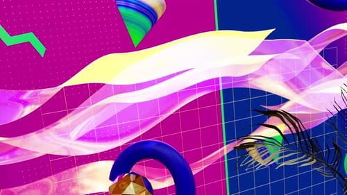 Vibrant Retro Abstract Background With Neon Waves And Tropical Leaves