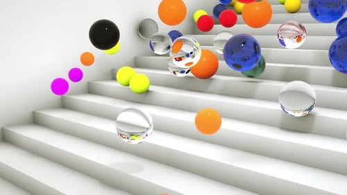 Colorful 3D Spheres Bouncing Down Minimalist White Staircase