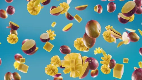 Mango with Slices Falling on Red Background