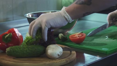 Cropped Shot of a Chef Preparing Salad at the Kitchen