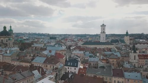 Aerial City Lviv, Ukraine. European City. Popular Areas of the City. Rooftops