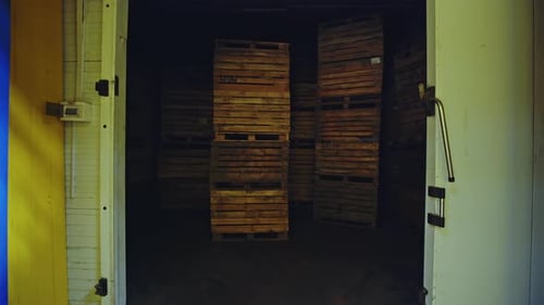 Holzpaletten im gelben Hangar