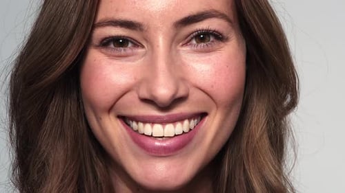 Woman Smiling Close Up Portrait on White Background