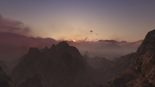 Animated 3D Mountain Range at Sunset with Rising Fog