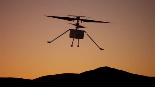 Martian Helicopter Drone Flying in Sunset Silhouette