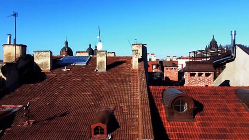 Facade of a European city building. Elements of architecture. Aerial drone view.