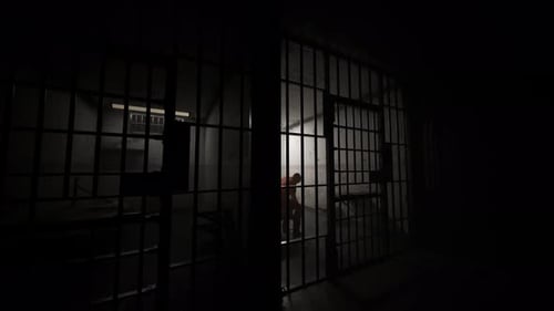 Animation of a guilty prisoner incancerated in dark prison cell. Justice