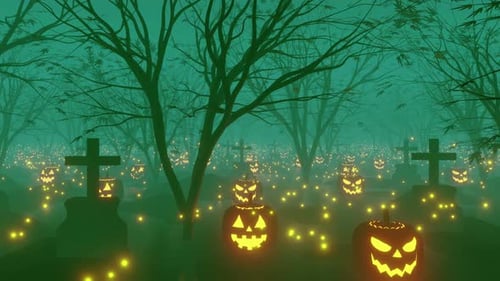Spooky Halloween Graveyard with Glowing Jack-O'-Lanterns Animation