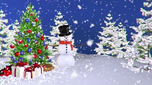 Festive Christmas Scene with Snowman, Decorated Tree, and Falling Snow