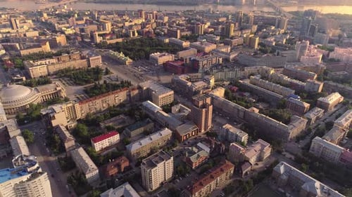Aerial View of the Center of a Big City on the River