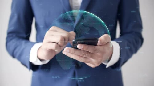 Man Uses Phone With Holographic Globe Rendering
