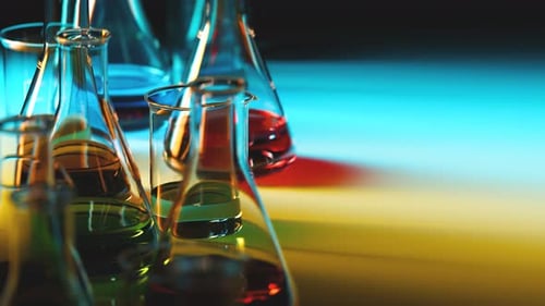 Chemical Laboratory Glassware with Colorful Liquids Under Dynamic Light