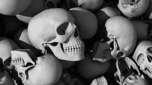 Rotating 3D Skull Pile Animation in Monochromatic Style
