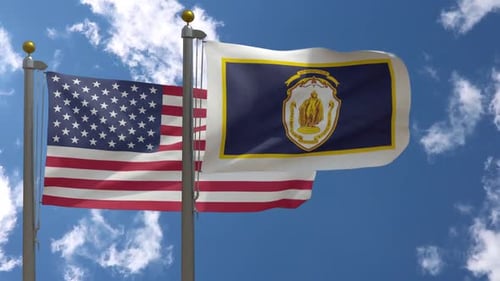 United States and Springfield Illinois Flags Waving in Wind