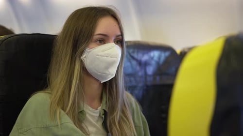 Woman in Medical Mask Inside the Airplane