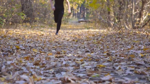 Young Unrecognizable Man Runs Down Path in Autumnal Forest