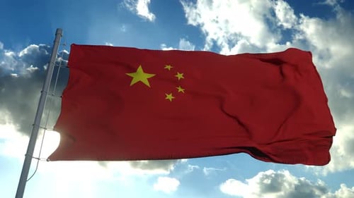 China National Flag Waving in Blue Sky with Clouds