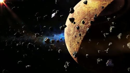 Cosmic Planet and Asteroid Field with Sun Flare Loop