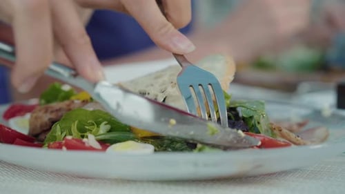 Nicht wiederzuerkennende Frau, die Geflügelfleisch und Tomaten zum Essen nimmt. Weibliche Handschneideschale mit Messer