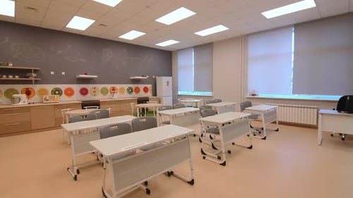 Empty Kitchen Classroom Interior With Kitchen Appliances