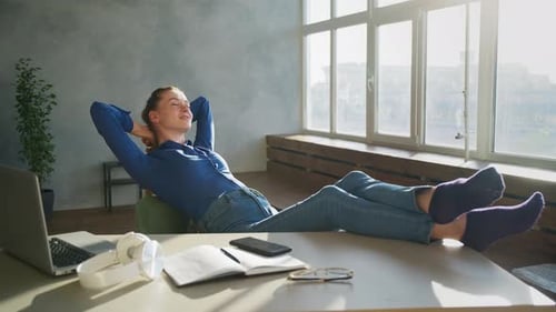 Calm Smiling Businesswoman Relaxing at Comfortable Office Chair Hands Behind Head, Happy Woman