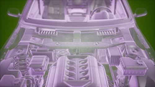 Animación holográfica de un modelo de automóvil con estructura alámbrica en 3D con motor