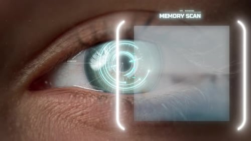 Nahaufnahme Technologischer Prozess der Augengedächtnisanalyse mit biometrischem Netzhautscan
