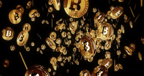Bitcoin BTC cryptocurrency flying between golden coins loop