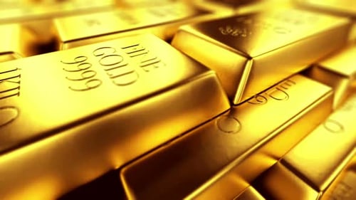 Infinite stack of fortune-worth golden ingots. Side view. Loopable animation. HD