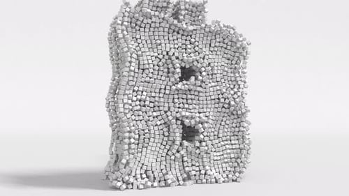 3D Bitcoin Symbol Deconstructs into Flowing Cubes