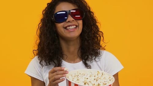Happy Afro-American Woman in 3d Goggles Eating Popcorn, Watching Movie, Leisure
