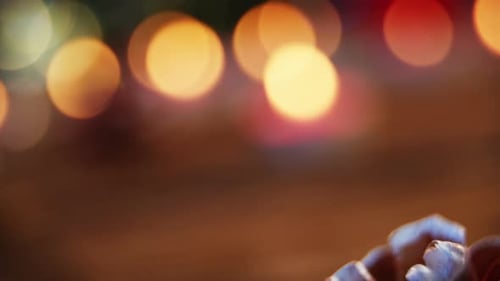 Pinecone with Christmas Lights Blurred Background