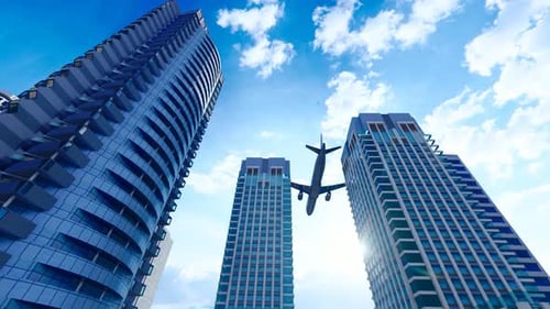 Avión de negocios sobrevuela el techo de un edificio de oficinas