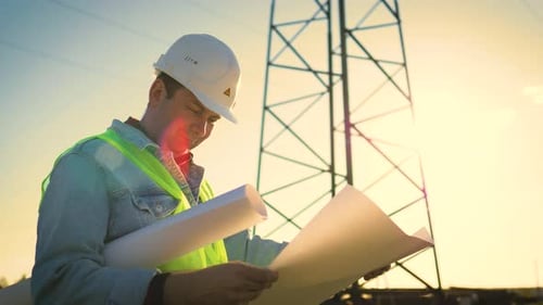 Architect Worker Checking Construction Project On Electric Tower