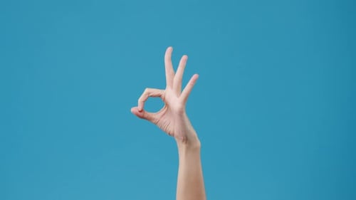 Young woman hand showing ok sign with fingers isolated over blue background in studio.