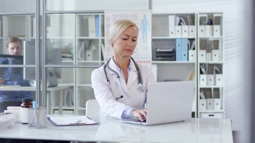 Female Doctor Working on Laptop in Sunny Office