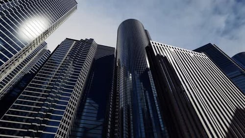 animación de un centro de negocios. La animación de edificios con ventanas espejadas tiene un canal alfa