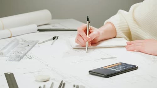 Architect Designer Counting on a Calculator Drawing Plan Blueprint Closeup